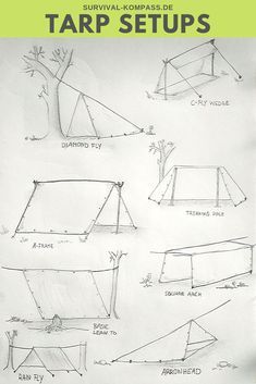 a drawing of various tents and trees with the text survival - kompass de tarp setups