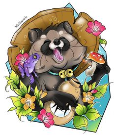 a cartoon racoon with flowers and mushrooms on it's head sitting in an umbrella