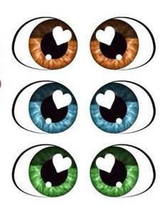 the eyes have hearts on them and are colored blue, green, orange, and brown