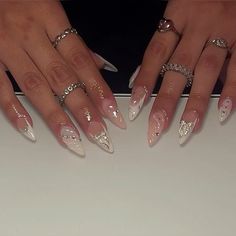 @inailzit Diamond Almond Nails, White Nails With Gems, Almond Nails With Gems, Almond Nails Elegant, Classy White Nails, Milky White Almond Nails, Cassie Nails, Gems Nails, Nail Art Almond