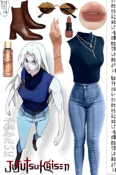 an anime character is dressed in blue jeans and black top, with her hand on her hip