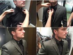 four pictures of a man adjusting his tie