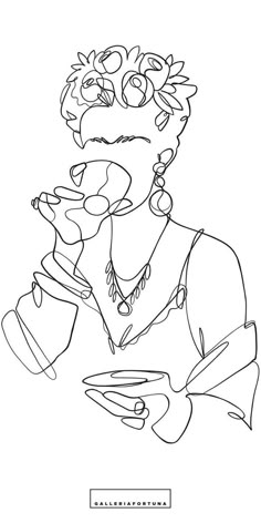 a black and white drawing of a woman holding a cup with her hand on it