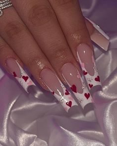 Valentine Nails Pink, Vday Nails, Heart Nail Designs, February Nails, Red Acrylic Nails, Nail Designs Valentines, Girly Acrylic Nails, French Tip Acrylic Nails, French Acrylic Nails