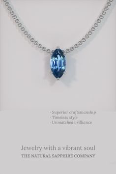 Discover the enchanting allure of our Blue Sapphire Pendant, featuring a stunning 0.86 Ct. marquise-cut sapphire set in luxurious 18K white gold. This gemstone pendant radiates elegance with its modern design, making it a standout piece in jewelry trends 2024. Whether you're looking for a princess pendant for your wedding day or a celebrity pendant that shines in any setting, this bespoke design piece captures the essence of fairy tale jewelry. Crafted with precision and aesthetic sophistication, it's a perfect addition to your fine jewelry collection, offering timeless beauty and grace. Crystal Necklace Aesthetic, Necklace Aesthetic, Blue Crystal Necklace, Sapphire Necklace Pendants