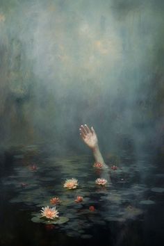 a painting of a hand reaching out from the water with lily pads floating on it