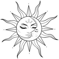 the sun and moon face are drawn in black ink