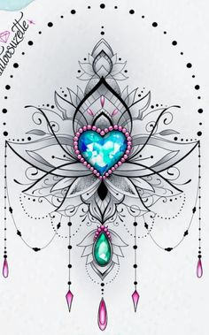 a drawing of a heart with jewels on it