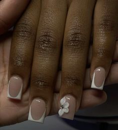 follow for more 💕. Nail Designs For Short Fingers, Short Embellished Nails, Cute French Tip Design Nails, Nail Ideas Black Women Short, Short Acrylic Nails For Graduation, White Short French Tip Nails With Design, Short French With Design, Short French Tip Nails Design, French Tip Nails Square With Design