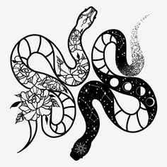 a black and white drawing of a snake with flowers on it's back end