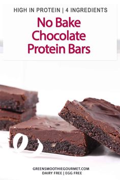 no bake chocolate protein bars stacked on top of each other with text overlay