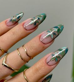 Nail art Mosaic Nail Art, Gold Chrome Tips, Glossy Nude Nails, Nails With Gold Chrome, Really Teal, Nude Nails With Gold, Mosaic Nails, Stained Glass Nails, Chrome Tips