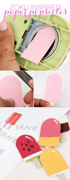 the instructions for making popsicle shaped paper crafts are shown in three different pictures, one is