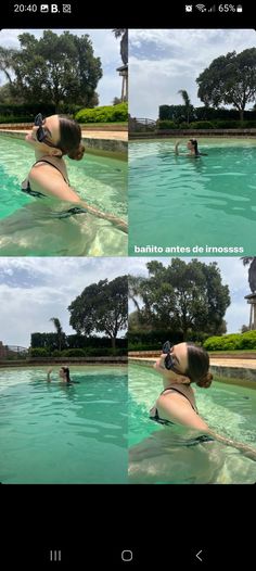 the woman is swimming in the pool with goggles on her head and taking pictures