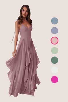 This flowy dress features double adjustable spaghetti straps with a bow tie at the shoulders, pockets, and a ruffled tier handkerchief cut skirt. Biker Wedding, Cute Formal Dresses, Rose Bridesmaid Dresses, Blush Bridesmaid Dresses, Fall Wedding Guest, Grey Bridesmaid Dresses, Fall Wedding Guest Dress, Chiffon Bridesmaid Dresses, Mother Wedding Dress