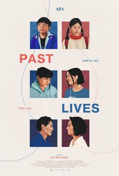 the poster for past lives shows four people with different faces and words on their foreheads