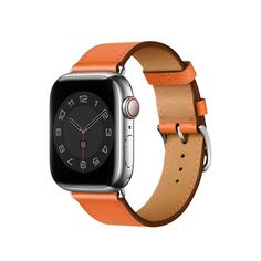 an apple watch with orange leather band and silver case, on a white background in front of the camera