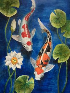 two koi fish swimming in the water with lily pads