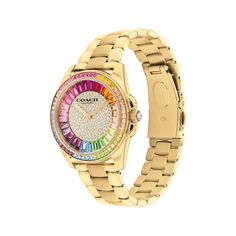 This rainbow Greyson watch from COACH is a polished, go-everywhere timepiece—all wrapped up in vivid and sparkling color. 36mm gold-tone stainless steel case with bright multi-color crystal bezel and crystal crown White pavé crystal face with baguette-cut rainbow crystal frame and mineral crystal Gold-tone bracelet with push-button deployment closure Water-resistant to 99 feet Crystal Frame, Crystal Crown, Rainbow Crystal, Baguette Cut, Women's Watch, Color Crystal, Minerals Crystals, Push Button, Stainless Steel Case