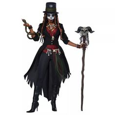 a woman dressed up as a skeleton with a hat and cane holding a whipstick