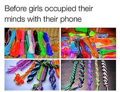 there are many different types of bracelets and cell phones on the table with text that reads, before girls occupied their minds with their phone