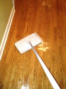 a mop is laying on the floor in front of a door with wood floors