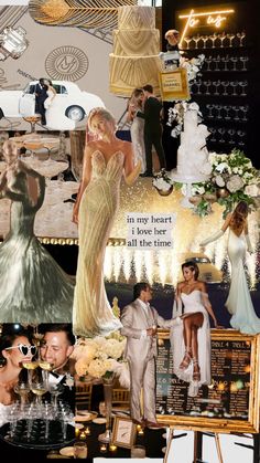 the collage shows people in formal wear and wedding dresses, with an image of a car behind them