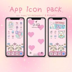 two iphones with hello kitty stickers on them, and the text app icon pack