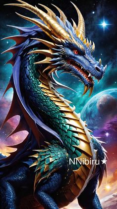 a blue and gold dragon with its mouth open