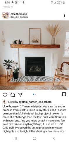 a living room with a fireplace and pictures on the wall, along with other furniture