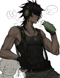 a drawing of a man with headphones drinking from a water bottle and listening to music