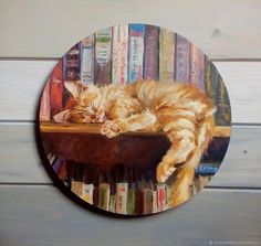 a painting of a cat sleeping on top of a book shelf with books in the background