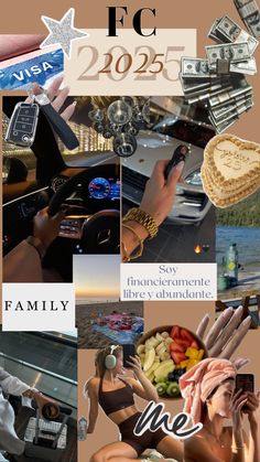 a collage of photos with the words family and pictures on them, including a woman driving a car