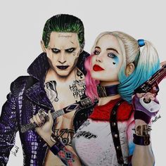 two people dressed up as the joker and harley, one with blue hair holding a guitar