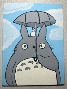 a painting of a gray rabbit holding an umbrella over its head while standing in front of a blue sky