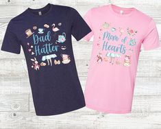 Dad Hatter and Mom of Hearts for Alice in Wonderland Birthday - Etsy Alice In Wonderland First Birthday Shirts, Fitted Pink T-shirt As A Gift, Blue Cheshire Cat, Manager Table, Alice In Wonderland Birthday, Alice In Wonderland Tea Party, Mommy Shirts