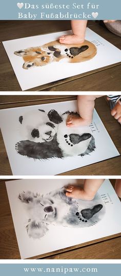 two pictures of baby feet and paw prints on paper