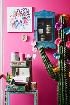 a cactus in front of a pink wall next to a shelf with decorations on it