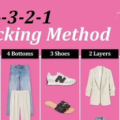 three different types of clothing and shoes on a pink background with the words packing method