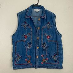 Nwot (Tag Ripped Off Somewhere) 100% Cotton Embroidery 2x No Stains Rips Or Holes Casual Embroidered Denim Vest For Spring, Casual Denim Vest With Floral Embroidery For Spring, Blue Embroidered Denim Vest, Casual Floral Embroidered Denim Vest For Spring, Jean Vest Outfits Winter, Jean Vest Outfits, Fall Thrift, Jean Vest, Cotton Embroidery