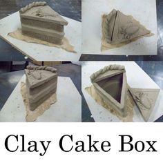 there are four pictures of a clay cake box