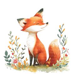 a watercolor painting of a fox sitting in the grass with flowers and plants around it