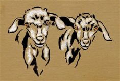 two sheep are standing next to each other on a brown background with black and white lines