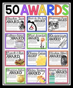 an award poster with the words 50 awards in different colors and font, along with pictures of