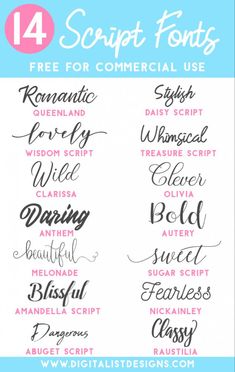 four different types of script font with the words, free for commercial use in each type