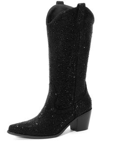 PRICES MAY VARY. 👢[Premium Material] These rhinestone cowboy boots are made of high-quality Faux suede leather material, soft and comfortable, wear-resistant and durable. Anti-slip Rubber sole.The surface is studded with shiny rhinestones, which will bring a twist to your average western boot. 👢[Design] These cowboy cowgirl boots for Women are designed with sparkly rhinestone ,glitter style will make you be the star in any occasions. The sparkly rhinestone black cowboy boots have no zipper, ea Black Sparkly Cowgirl Boots, Rhinestone Cowboy Boots, Black Cowgirl Boots, Rhinestone Cowboy, Black Boots Outfit, Boots Mid Calf, Boot Design, Black Cowboy Boots, Black Cowboy