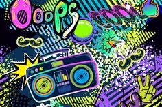 an image of colorful graffiti art with boomboxs and hand signs on it's side