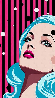 a painting of a woman with blue hair and polka dots on her face, against a pink background