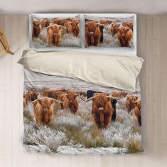 a herd of long horn cattle walking across a field covered in snow on a winter day