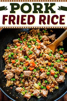 pork fried rice with peas and carrots in a skillet